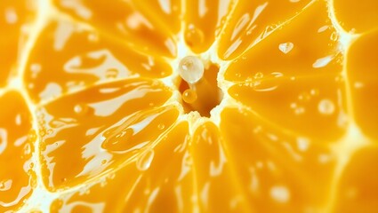 A close up view of a cut orange with water drops