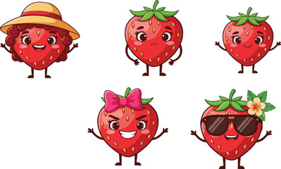 Cute cartoon strawberry characters with various expressions, hats, sunglasses, bows, and flowers, adorable fruit vector illustrations for fun design.