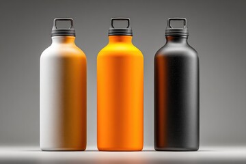 Three matte-finish, aluminum water bottles in white, orange, and black stand side-by-side on a gray background