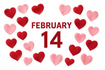 Floating red and pink hearts encircling february 14 date, symbolizing romantic love and valentine's day celebration on transparent background