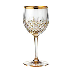 Luxury Crystal Wine Glass: A luxury crystal wine glass with golden rim, sharp clarity and radiant shine, PNG format