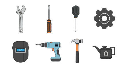 Flat vector icon set of industrial tools and machinery | including wrench, screwdriver, gear, drill machine, welding mask, hammer, and oil can, solid flat style, isolated on white background