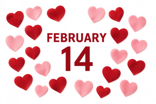 Floating red and pink hearts encircling february 14 date, symbolizing romantic love and valentine's day celebration on transparent background - Powered by Adobe