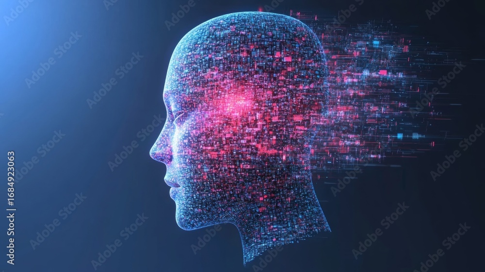 Poster digital transformation of facial identity with vivid data pixelation and ai brain connections