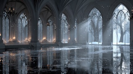 Grand hall, winter's light, reflecting snow