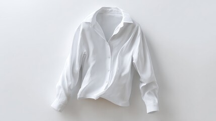 White button-down shirt, draped, on hanger
