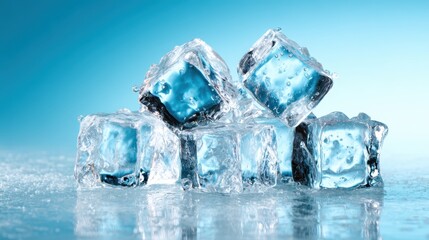 Obraz premium A refreshing arrangement of ice cubes glistening on a smooth surface, capturing exquisite clarity and the essence of coolness, perfect for beverages and summertime enjoyment.