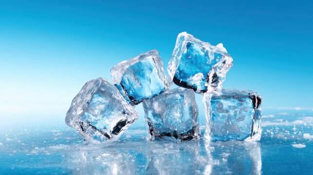 Crystal clear ice cubes rest on a reflective surface, glistening under bright light, creating an inviting and refreshing image that evokes feelings of coolness and relaxation.