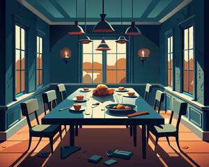 colorful illustration of a dining room with rotting feast still on the table