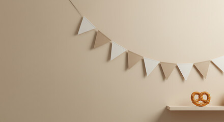 Festive neutral-toned triangular bunting banner hanging above a small shelf with a pretzel on it, perfect for celebrations and parties