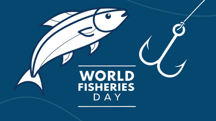 World fisheries day with fish and fishing hook on blue background