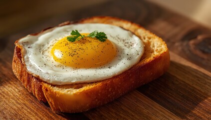 A sunny side up egg on toast garnished with parsley on a wooden board in a close up shot
