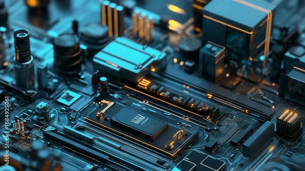 Poster cpu connecting to motherboard, creating complex electronic circuitry