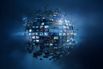 A sphere composed of multiple floating images of digital media and technology, set against a blue background with dark tones, 