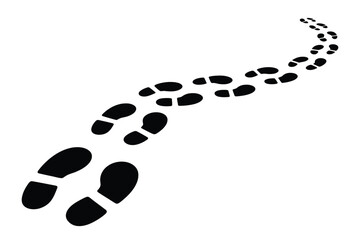 Black shoe footprints curving upwards on a white background representing a journey