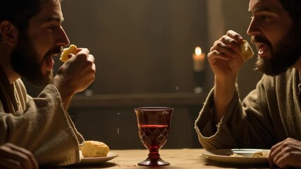 A man dipping bread into wine at a table. Last Supper, biblical times. Ancient feast with spiritual and religious ceremony footage.