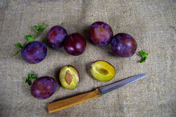 Ripe plums and a knife lie on a rough cloth