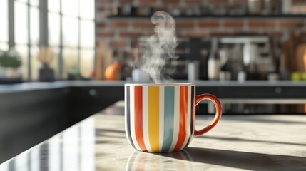 Steaming hot coffee mug on kitchen counter colorful design warm atmosphere close-up view for cozy mornings