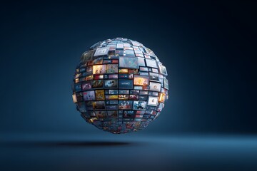 A sphere composed of multiple floating images of digital media and technology, set against a blue background with dark tones, 