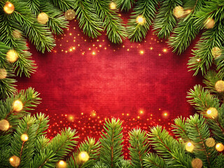 Festive christmas background with fir tree branches and golden lights on a red wooden surface with copy space