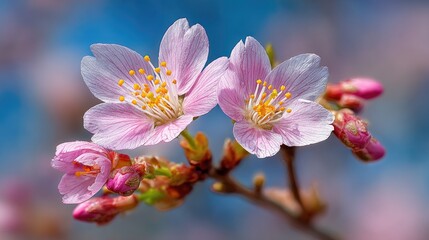 Fototapeta premium Close-up of two delicate pink cherry blossoms against a soft blue background