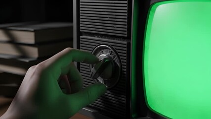 Human hand adjusting tuning dial on a vintage television set with a bright green chroma key screen ready for digital content insertion