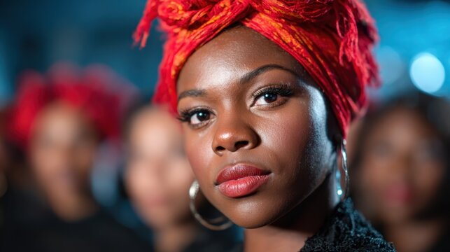 A striking portrait of a confident woman showcasing her vibrant red headwrap and bold makeup, standing out in a blurred background that adds depth to the image.
