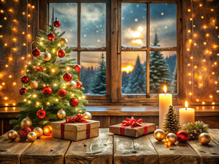 Charming christmas scene with decorated tree, gifts, and candles by a window overlooking a snowy landscape