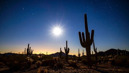 Silhouette saguaro cacti under a moonlit night sky. Stars and a bright moon shine on the desert landscape