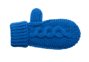 A vibrant blue cable-knit mitten, highlighted against a stark black background, showcases intricate cable patterns and a cozy cuff.