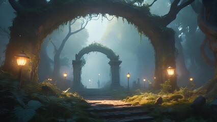 Ancient stone gateways lit by lanterns on a misty path leading into a mysterious, enchanted forest at dusk