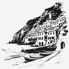 Italian Amalfi Coast landscape sketch illustration vector