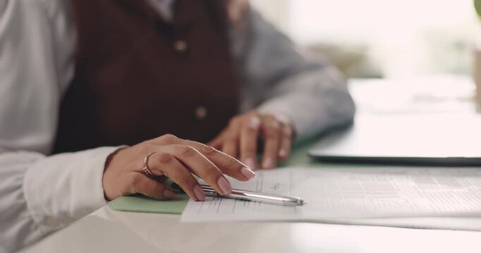Hands, paperwork and sign contract in home for legal agreement, mortgage investment or application. Document, pen and woman with compliance for property registration, insurance policy or confirmation