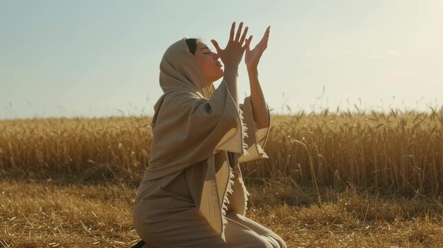 Woman in ancient clothing kneeling in wheat field praying. Biblical scene, old testament, new testament, religious concept footage.