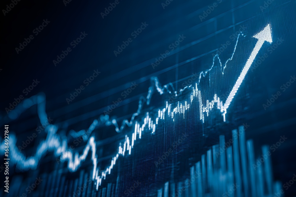 Poster a stock market graph with blue and white lines, indicating an up trending line on the background of 
