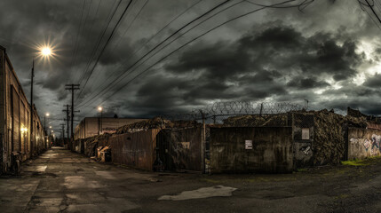 Naklejka premium Urban alley sealed off by metal gates and barricades under camouflage netting, with dim streetlights evoking martial law tension and confinement