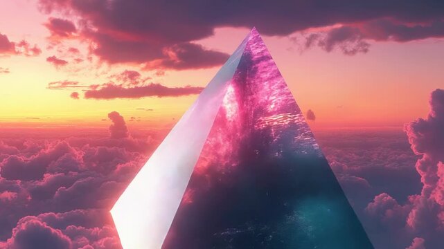 Giant diamond shaped object floating above the clouds at sunset