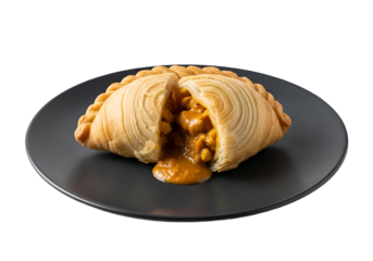 A golden-brown curry puff, sliced open, reveals a vibrant curry filling oozing onto a dark gray plate against a black background.