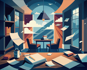 colorful illustration of a locked study where papers blow around