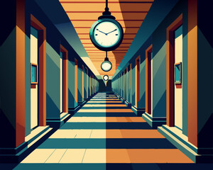 colorful illustration of a long hallway with hanging clock