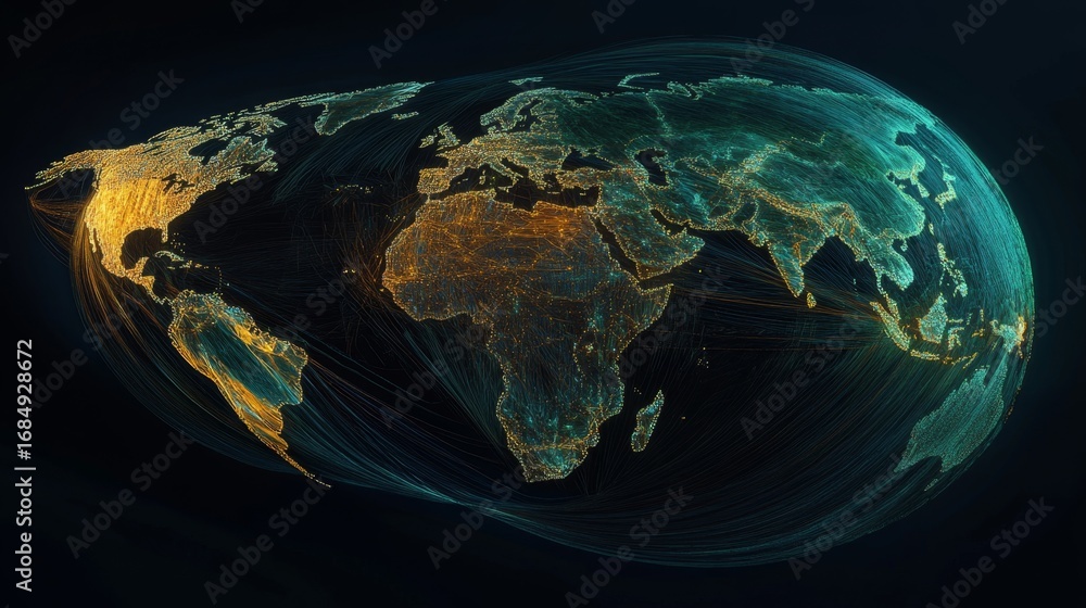 Poster illuminated global routes mapping event interactive globe visualization digital environment 360-degr