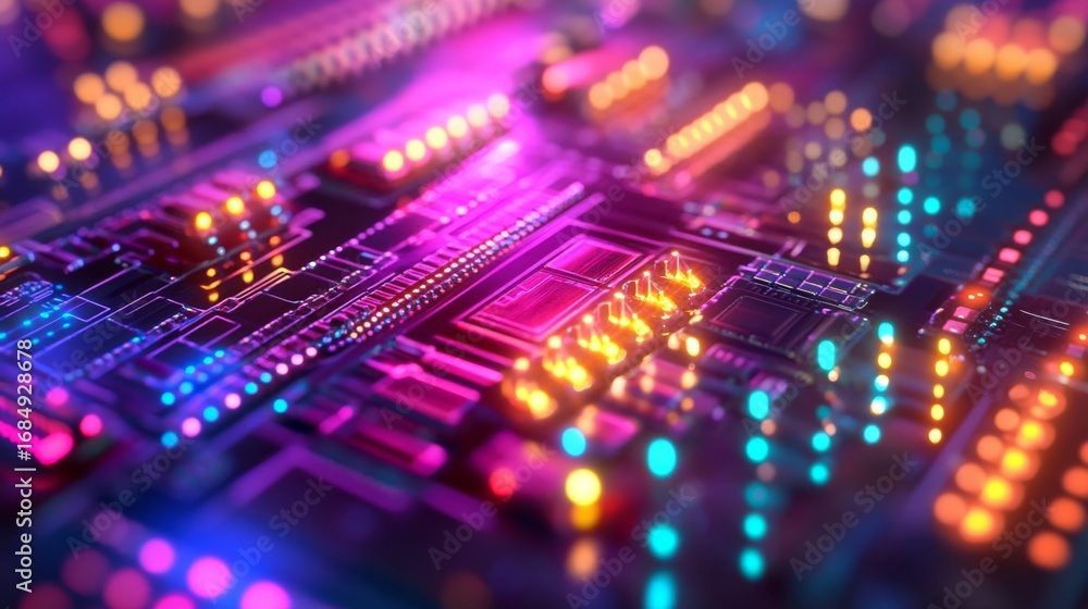 Poster exploring semiconductor nano chip technology close-up view of advanced circuitry in a high-tech envi