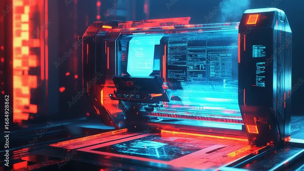 Poster futuristic 3d printer creating object in neon lit laboratory