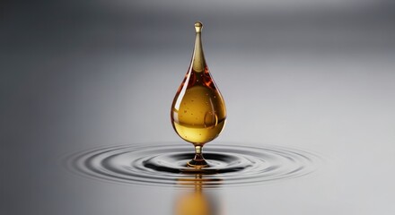 A teardrop-shaped drop of amber liquid rests gracefully on a surface, creating ripples.