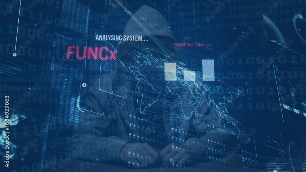 Poster animation of data processing over caucasian hacker