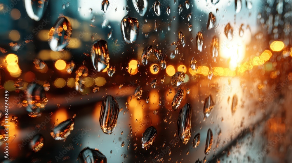 Poster a beautiful close-up of raindrops on a window, reflecting soft city lights during dusk, creating a s