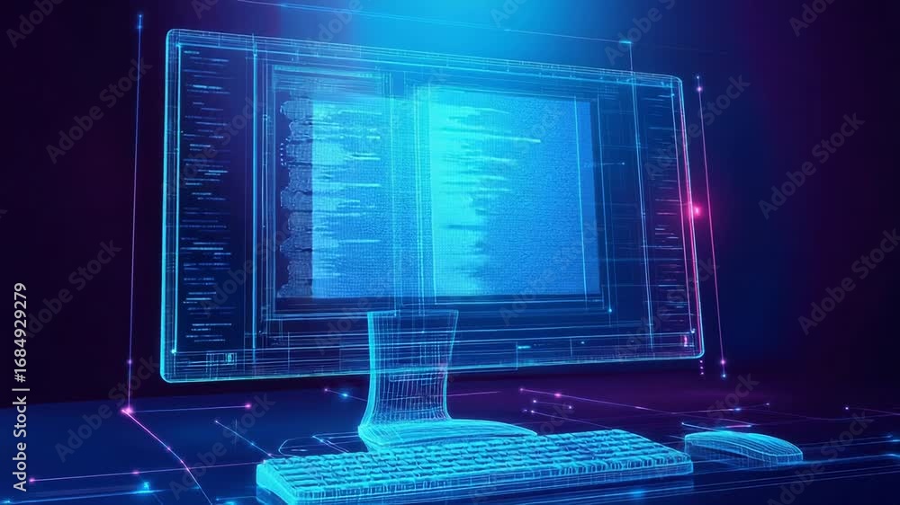 Poster futuristic holographic computer displaying code in virtual space