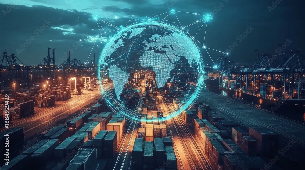 Aufkleber connecting illuminated paths on a digital globe a global overview of transportation and trade in the