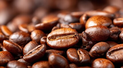 A detailed close-up view of freshly roasted coffee beans showcases their rich color and texture, highlighting the allure of coffee and its significance in daily life and culture.