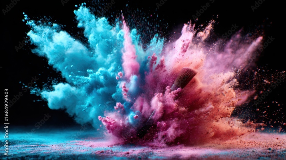 Poster an abstract representation of vibrant colored powders exploding in a cloud, capturing motion, energy
